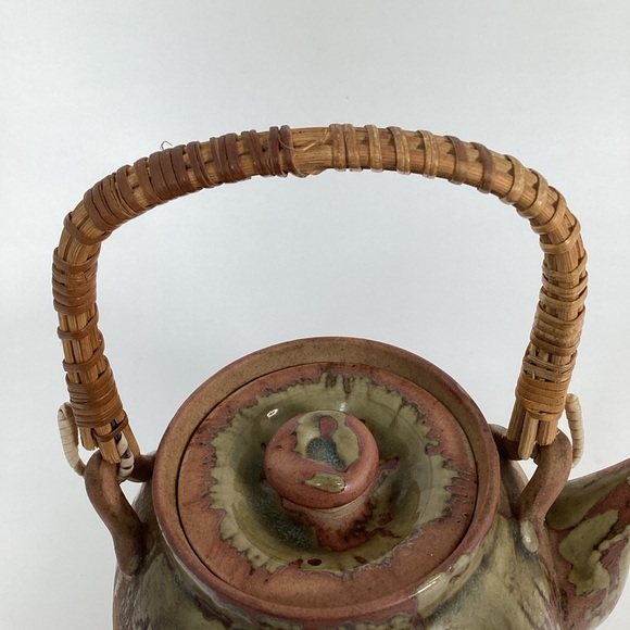 Vintage Earthenware Teapot With Rattan Handle, Glaze Drip EUC - Picture 9 of 13
